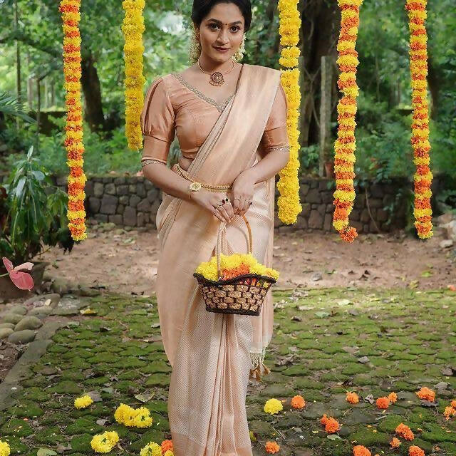 DEIANA'S Beautiful Designer Golden zari Soft Lichi Silk Saree - White