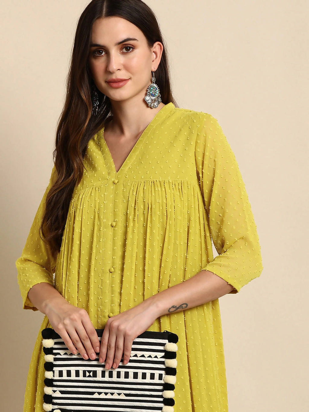 Janasya Mustard Yellow Dobby Weave Poly Chiffon Kurta - Distacart