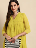 Janasya Mustard Yellow Dobby Weave Poly Chiffon Kurta - Distacart
