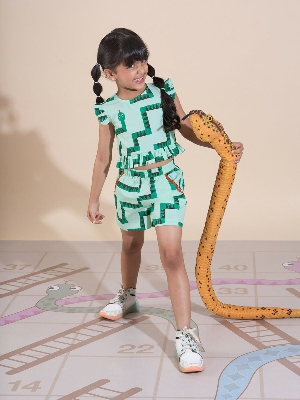 Snakes and Ladders Girls Green Table Print Top and Shorts Sets from Siblings Collection