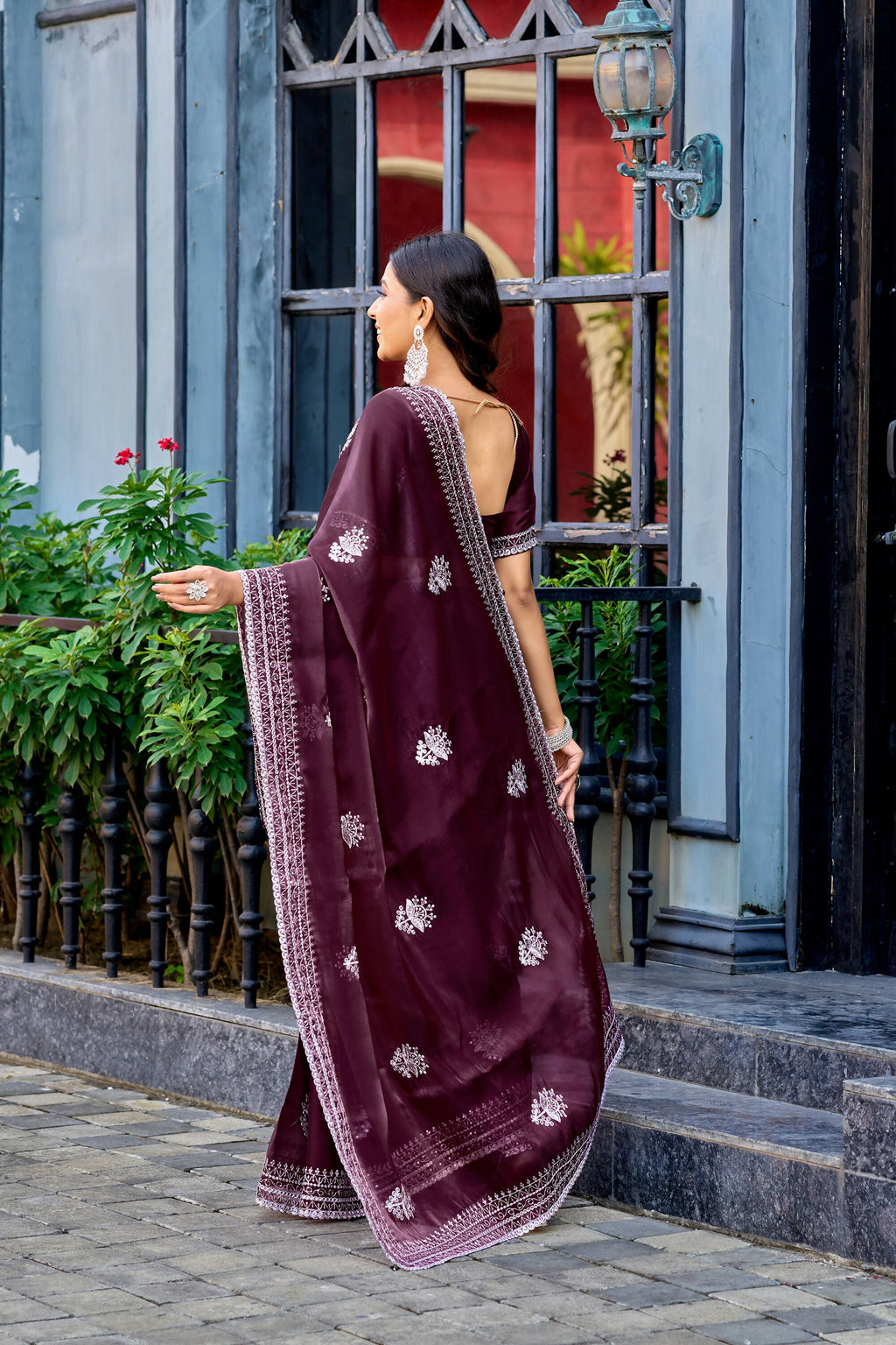Vastranavya Wine Embroidery Work Shimmer Chiffon Saree with Unstitched Blouse - Distacart
