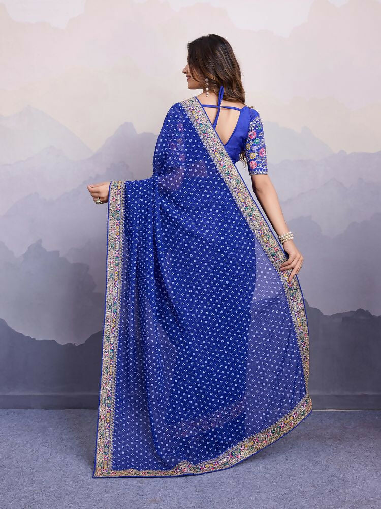 Blue Georgette Bandhani Printed,Embroidery Work Saree - Surkhi