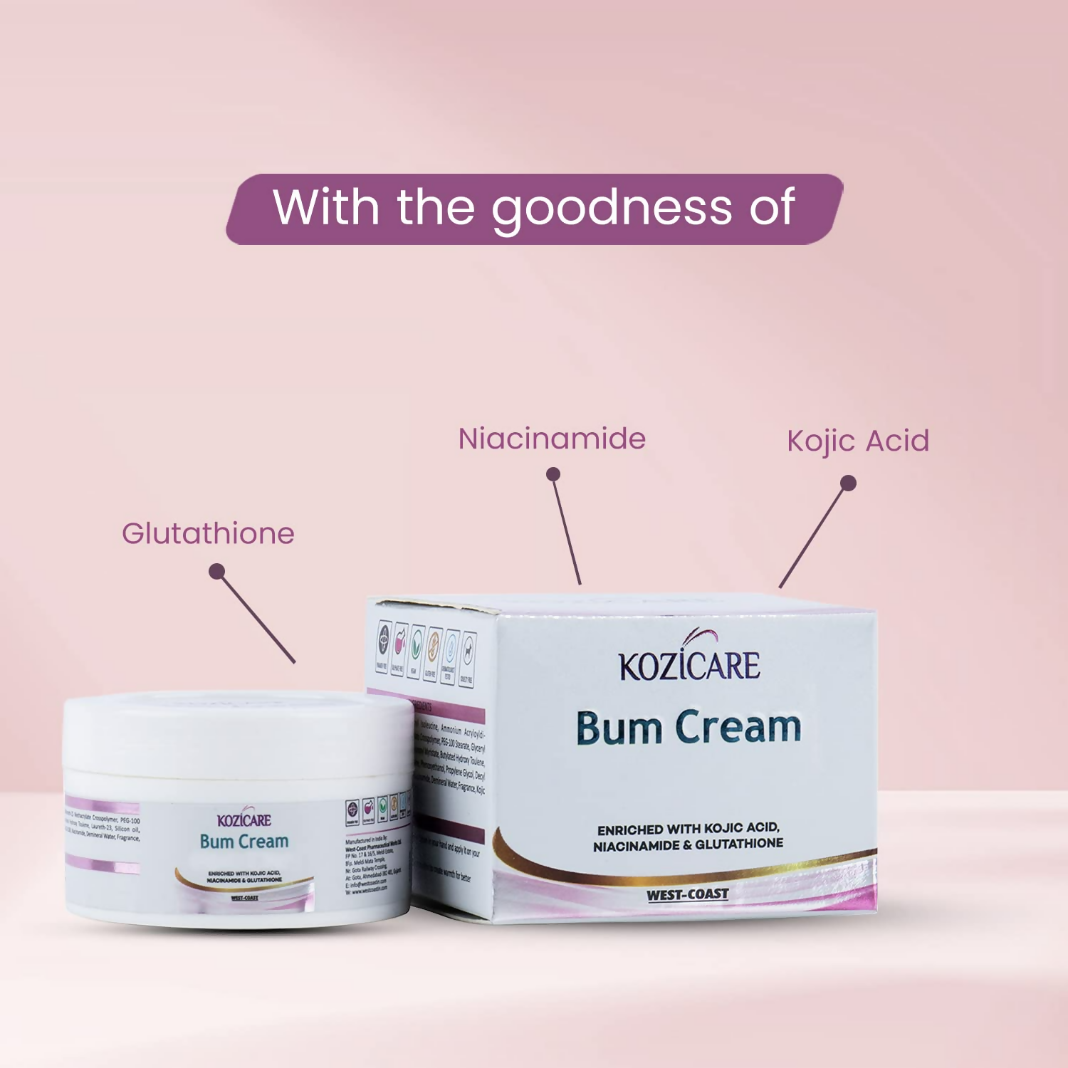 Healthvit Kozicare Bum Cream with 0.01% Glutathione, 1% Niacinamide