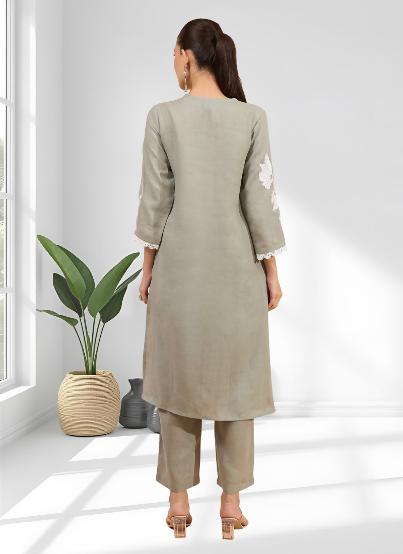 Joban Fashion Gray Linen Embroidered Readymade Long Kurta With Pant - Distacart