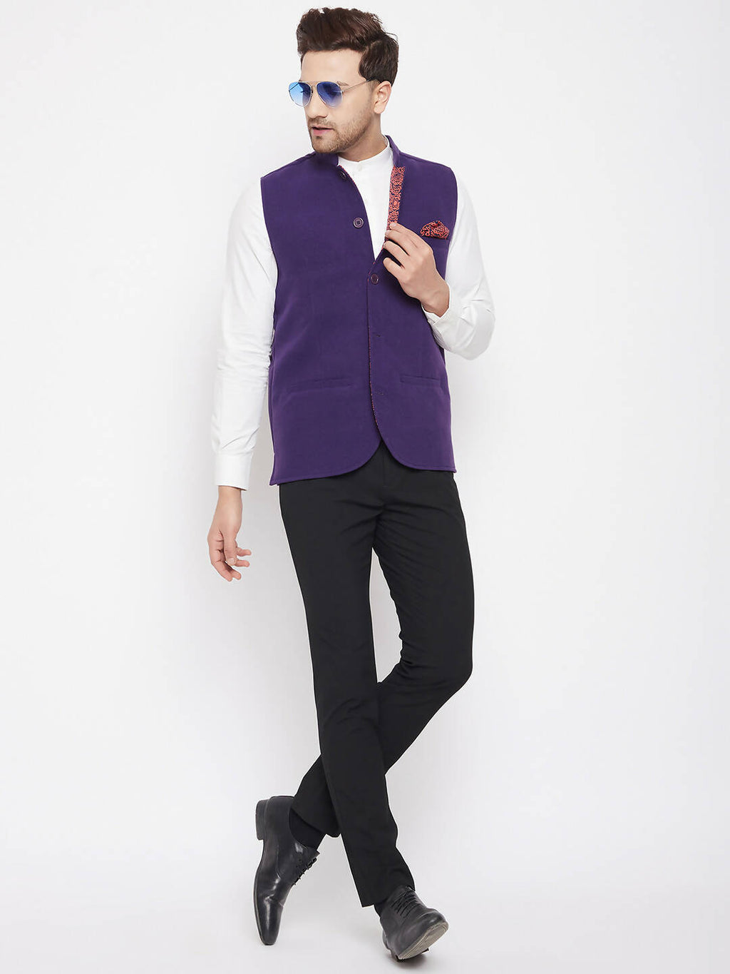 Even Apparels Purple Wool Men's Nehru Jacket-Contrast Lining-Inbuilt Pocket Square - Distacart