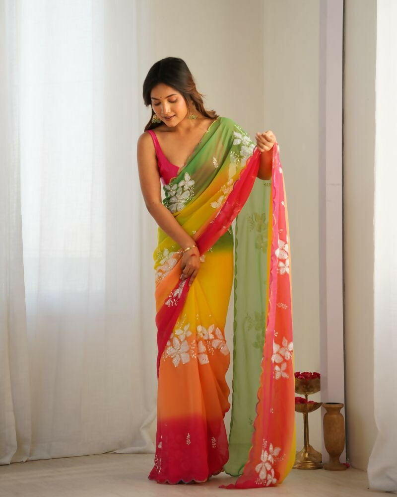 Yellow Georgette Pedding Color, Embroidery Work Party Wear Saree - Erisha