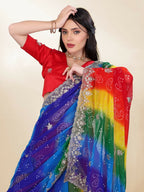 Blue Georgette Bandhani Printed,Embroidery Work Saree - Bandhan