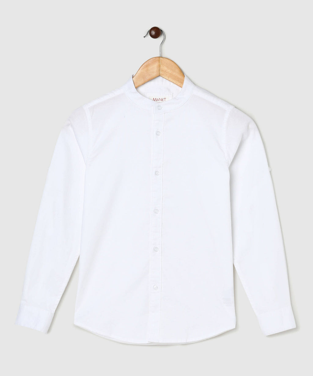Manet Boys Mandarin Collar Full Sleeves Melange Shirt - White