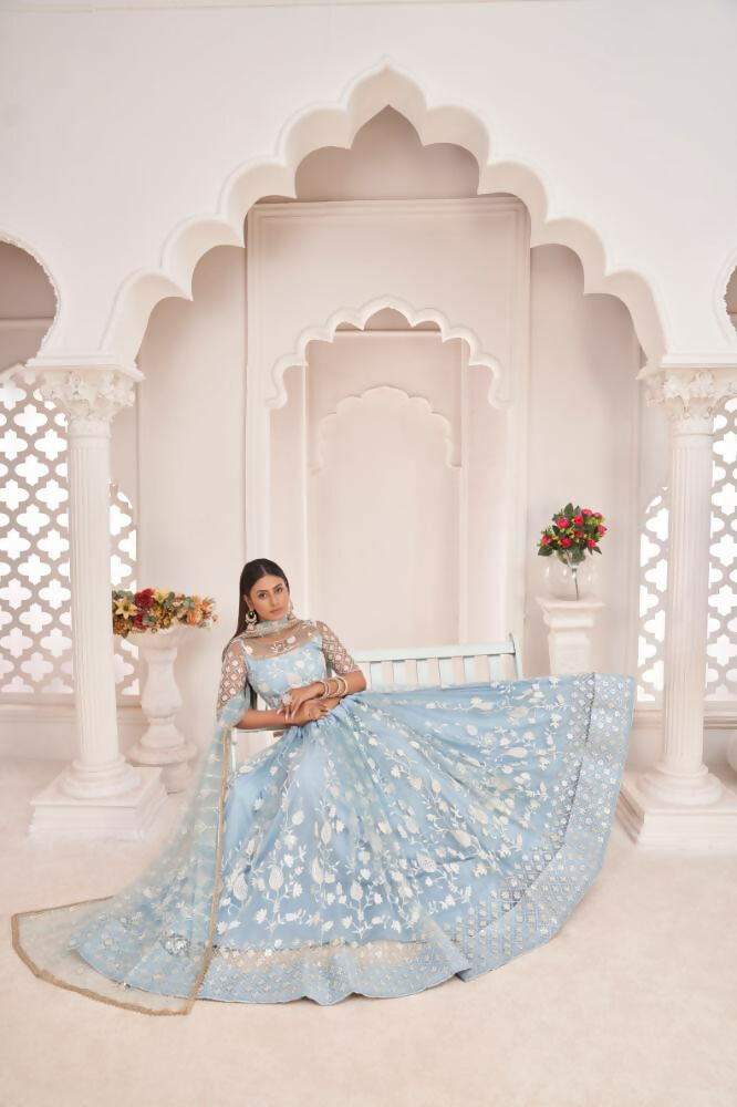 Aastha Fashion Light Sky Butterfly Net White Cotton Thread Work, Zari Work And Sandwich Sequence Work Embroidery Wedding Wear Lehenga Choli