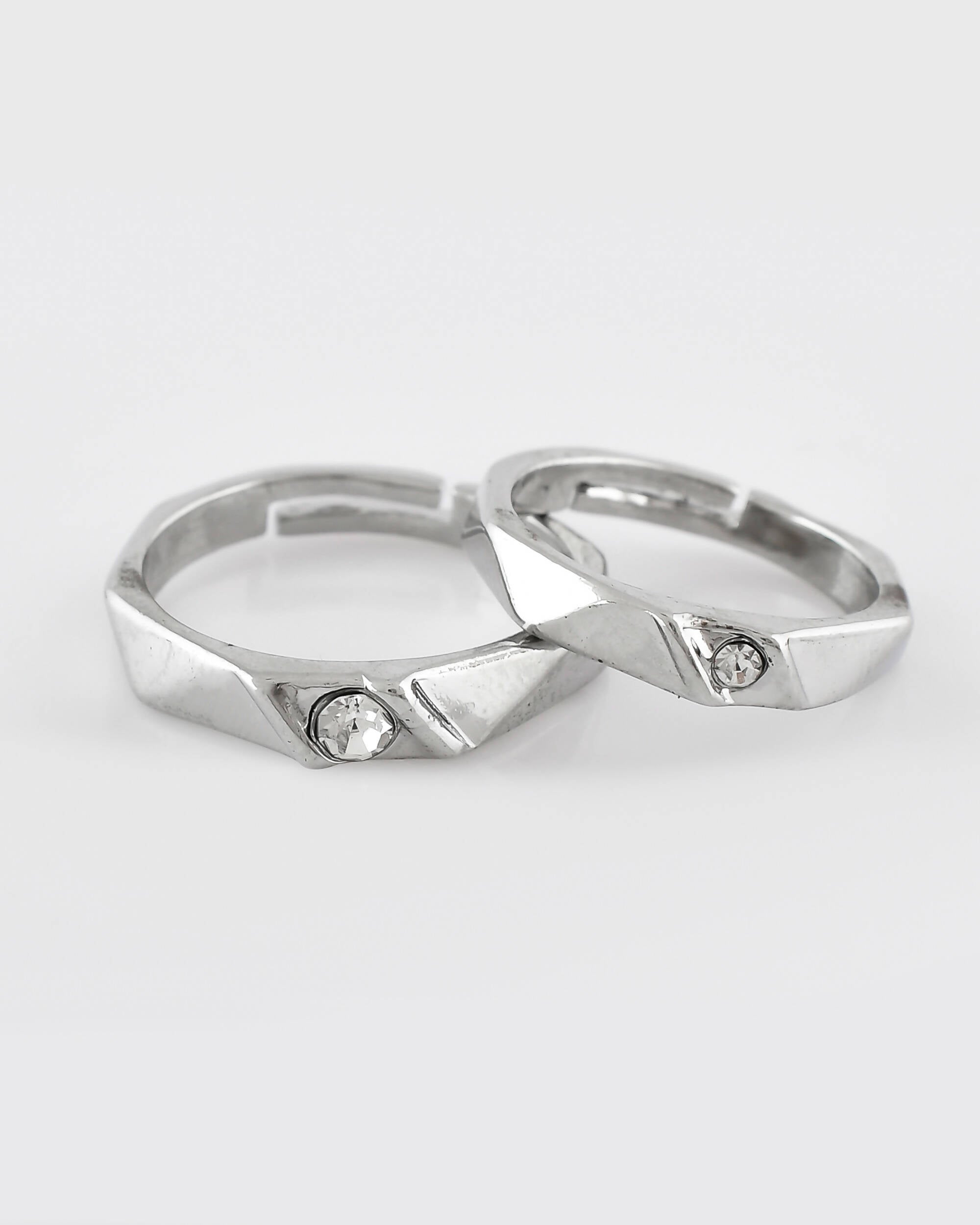VOJ Stainless Steel Cubic Zirconia Silver Plated Adjustable Ring Set for Couple