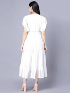 Myshka Georgette Solid Short Sleeve V Neck White Women Dress - Distacart