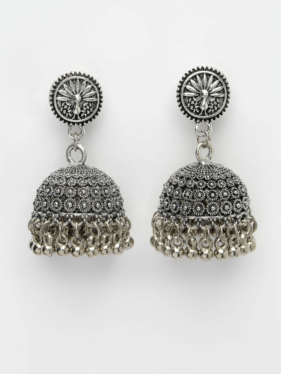 NVR Women's Silver-Toned German Silver Oxidised Dome Shaped Jhumka Earrings - Distacart