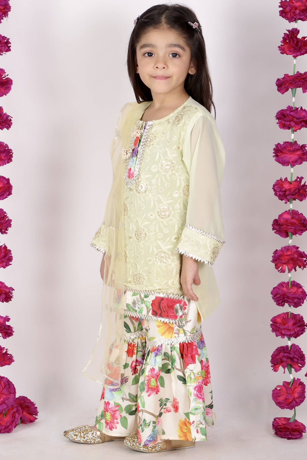 Little Bansi Girls Green & yellow Embrodiery Kurta with Floral Sharara