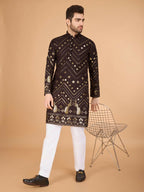 Vastranavya Brown Exclusive Festival Wear Pure Viscose Rayon Embroidered Sequence Work Kurta