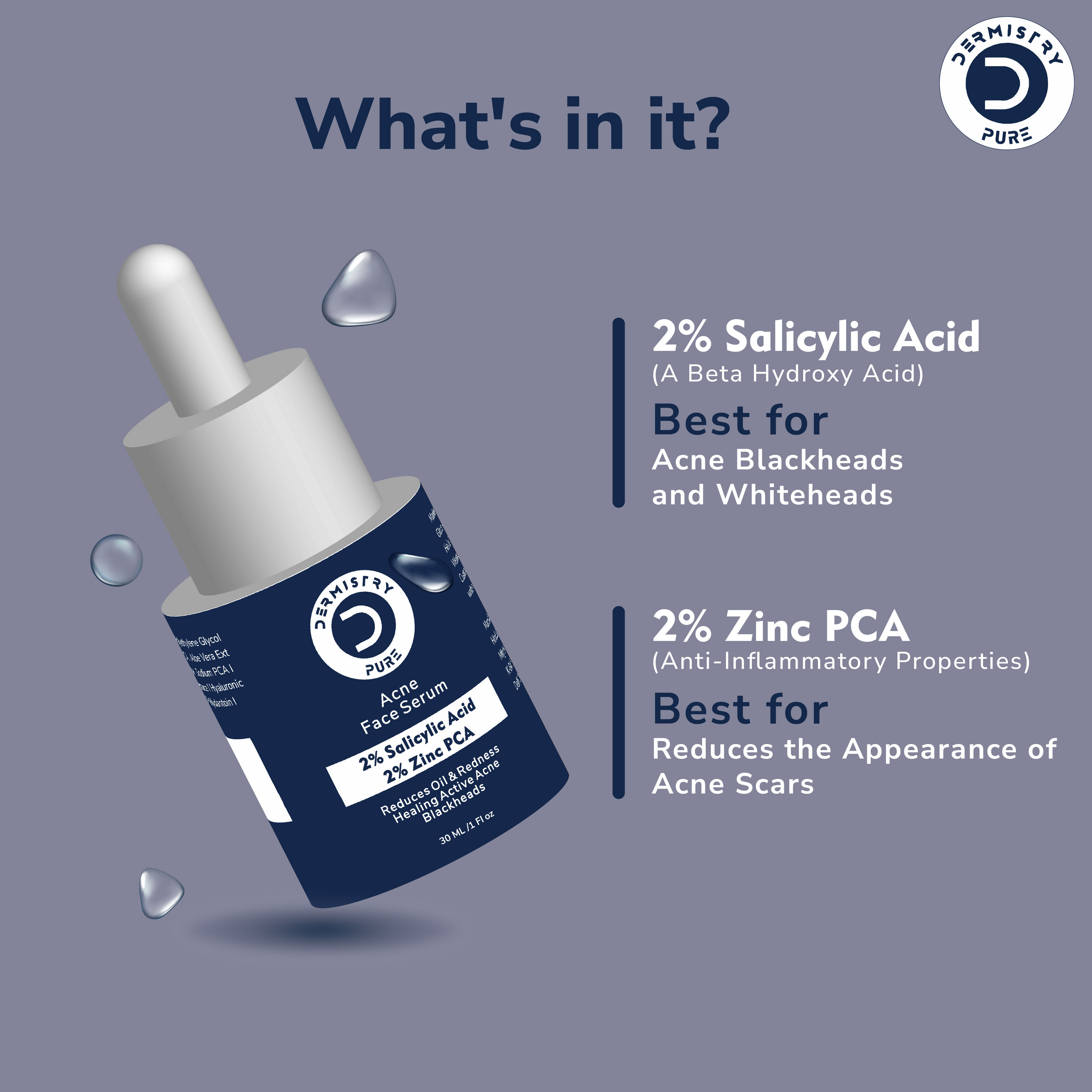 Dermistry 2% Salicylic Acid 2% Zinc Face Serum For Oily Acne Prone Skin Blackhead & Whiteheads Scars