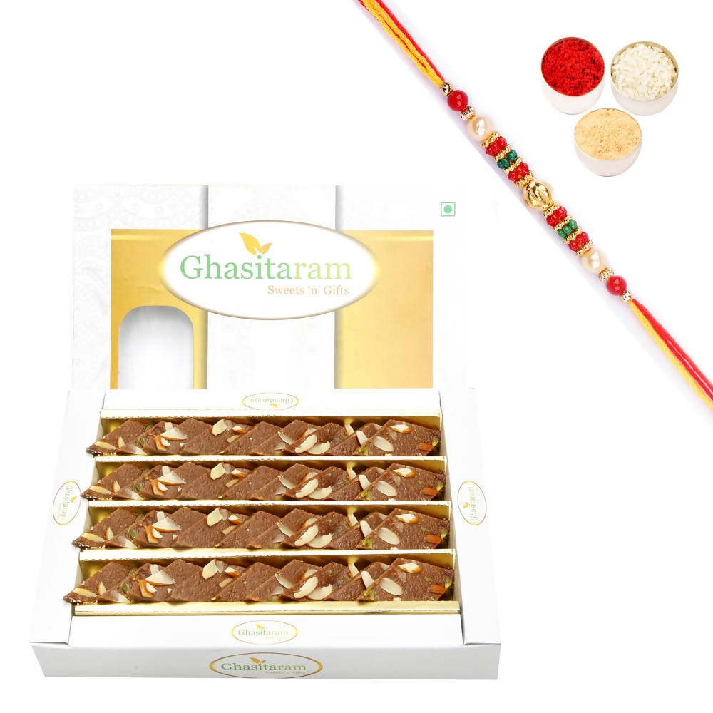 Ghasitaram Chocolate Kaju Katli With Pearl Beads Rakhi - Distacart