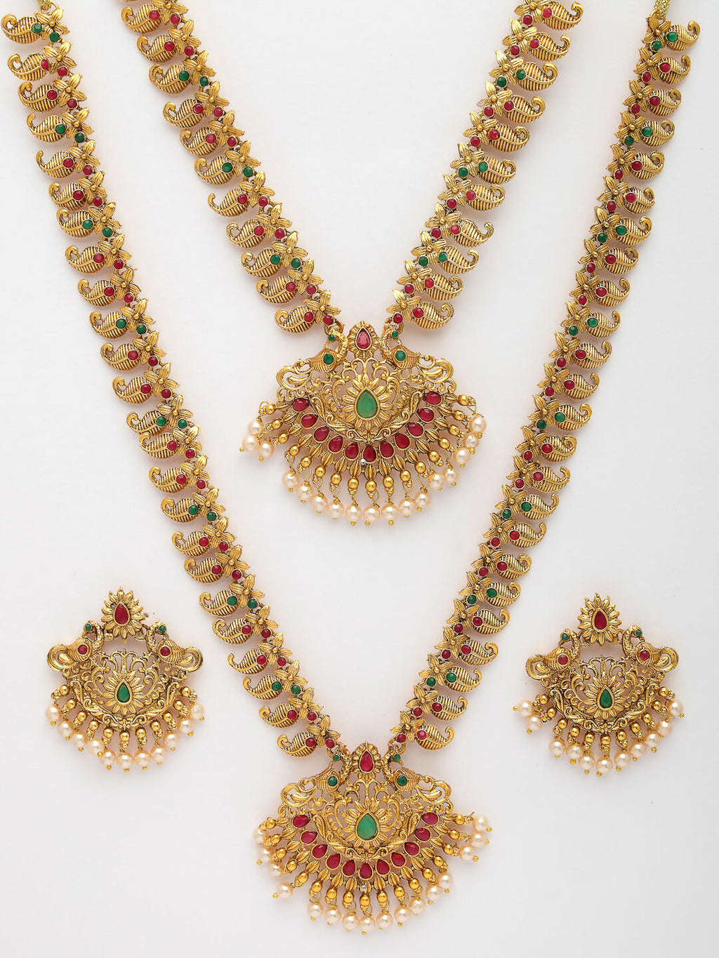 NVR Women's Set of 2 Gold-Polished Green & Pink Stone Studded Peacock Design Temple Jewellery Set