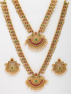 NVR Women's Set of 2 Gold-Polished Green & Pink Stone Studded Peacock Design Temple Jewellery Set