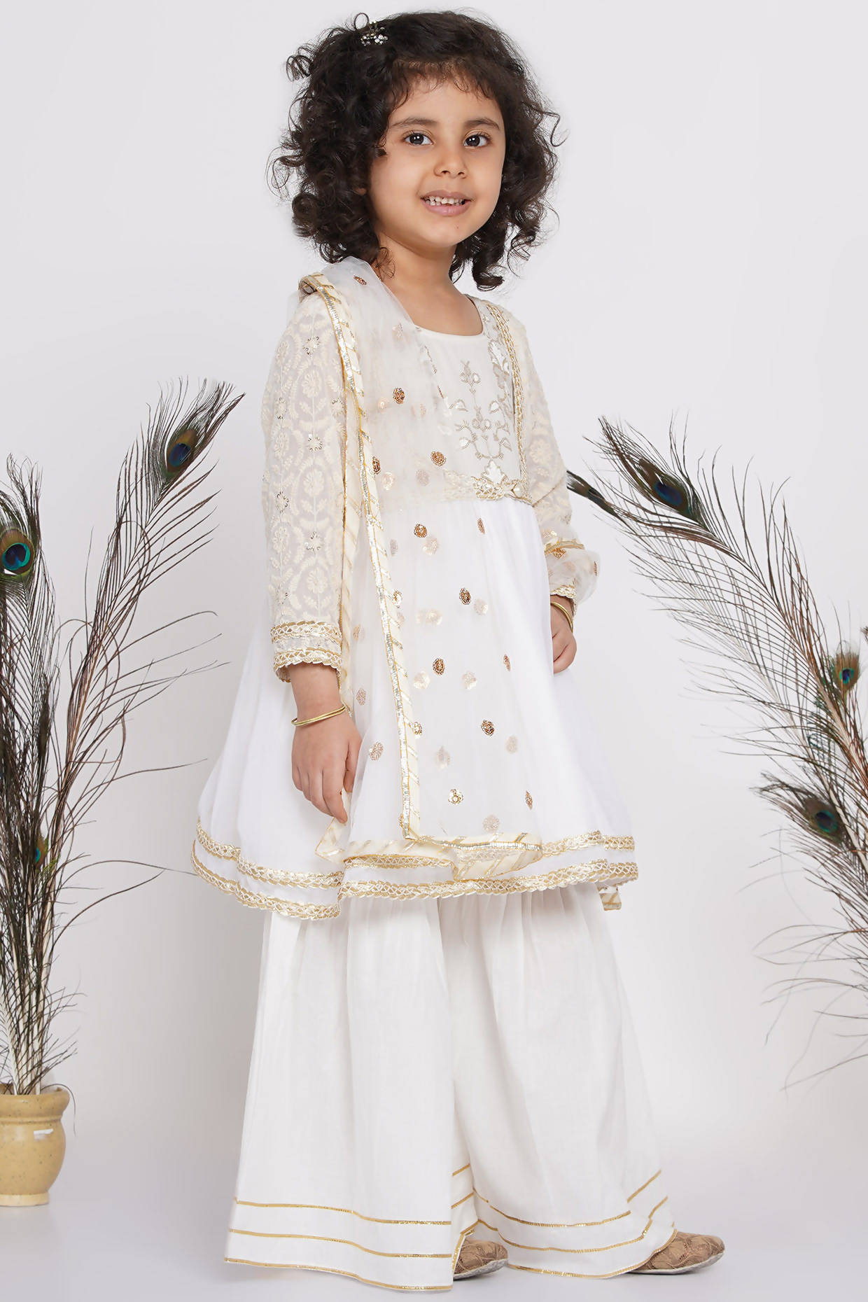 Little Bansi white kurta set with sharara and dupatta full view