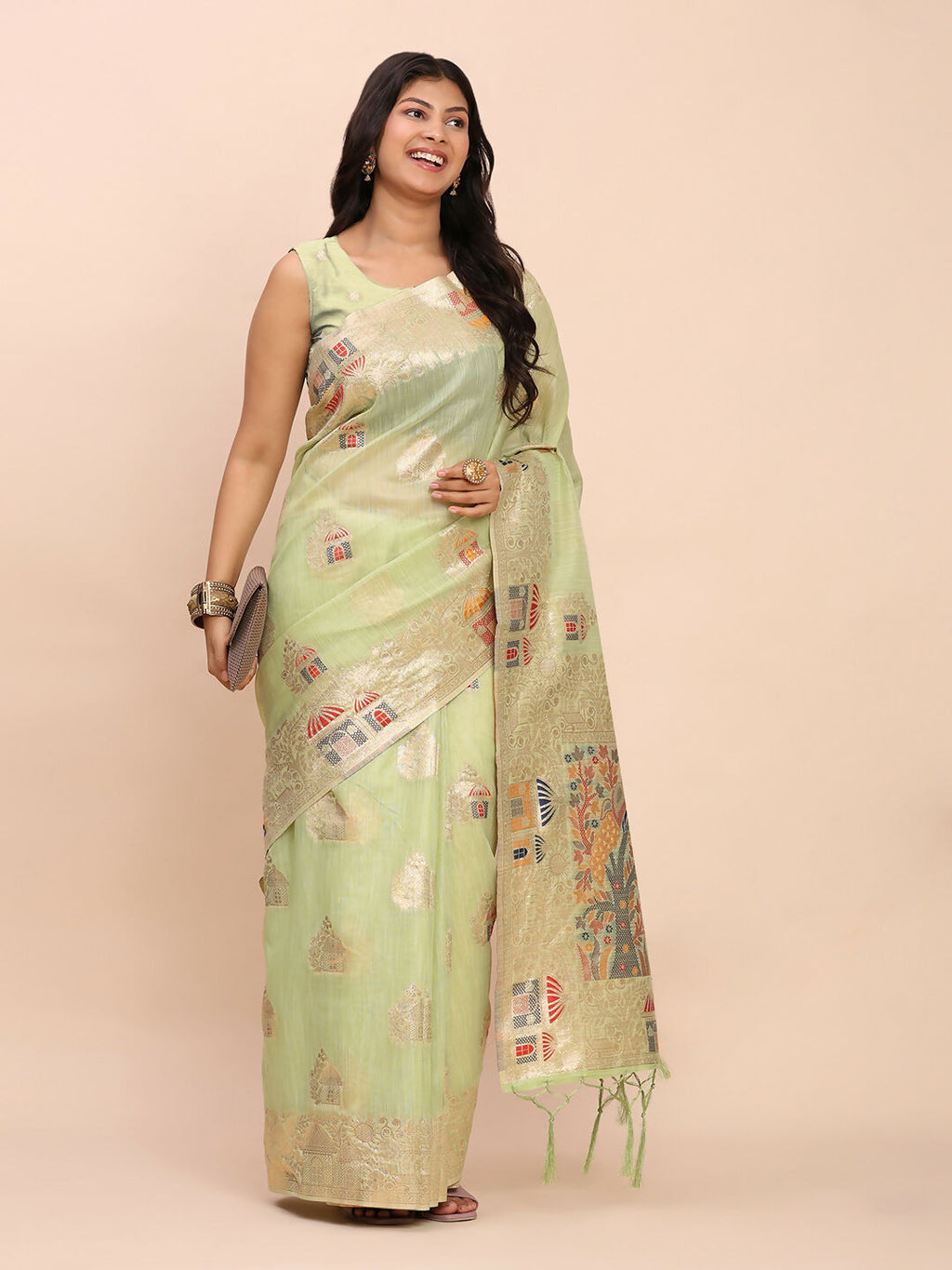 Shree Shyam Fashion Linen Cotton Light Green Saree - Distacart