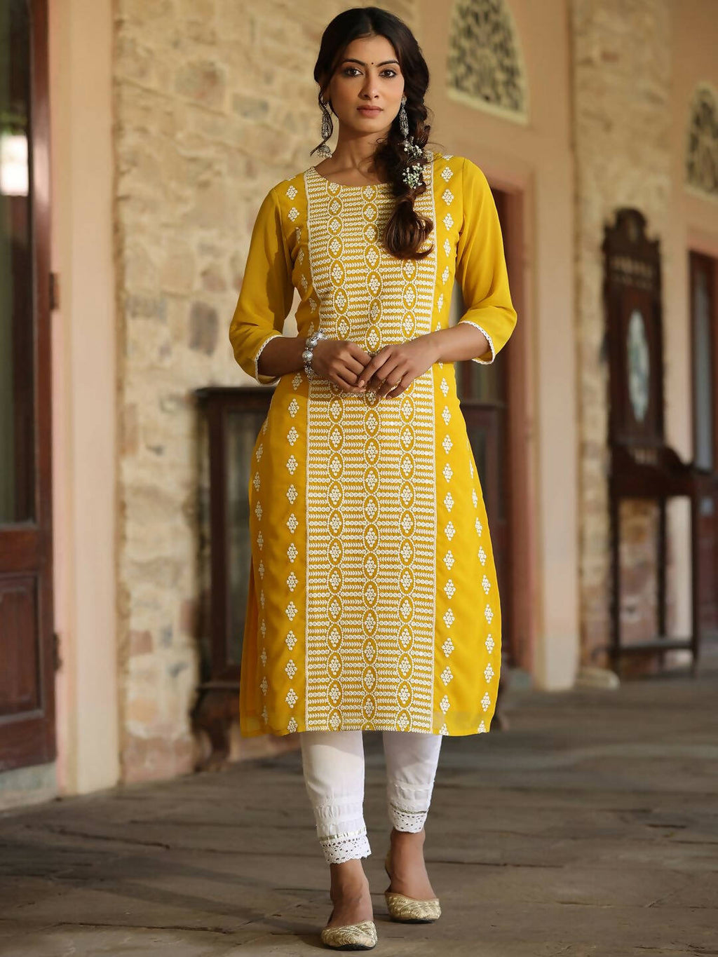 Juniper Women's Yellow Georgette Printed Kurta - Distacart