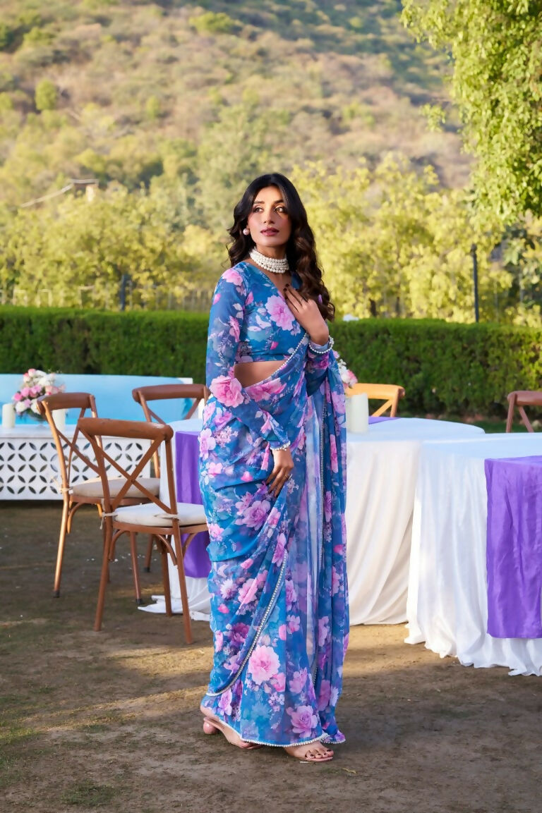 Vastranavya Blue Weightless Marble Printed & Pearl Lace Border Saree with Unstitched Blouse