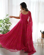 Joban Fashion Pink Kurta Set Chiffon Sequin Embroidery Work - Distacart