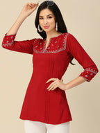 Red Chinon Floral Embroidered Top - Zeny