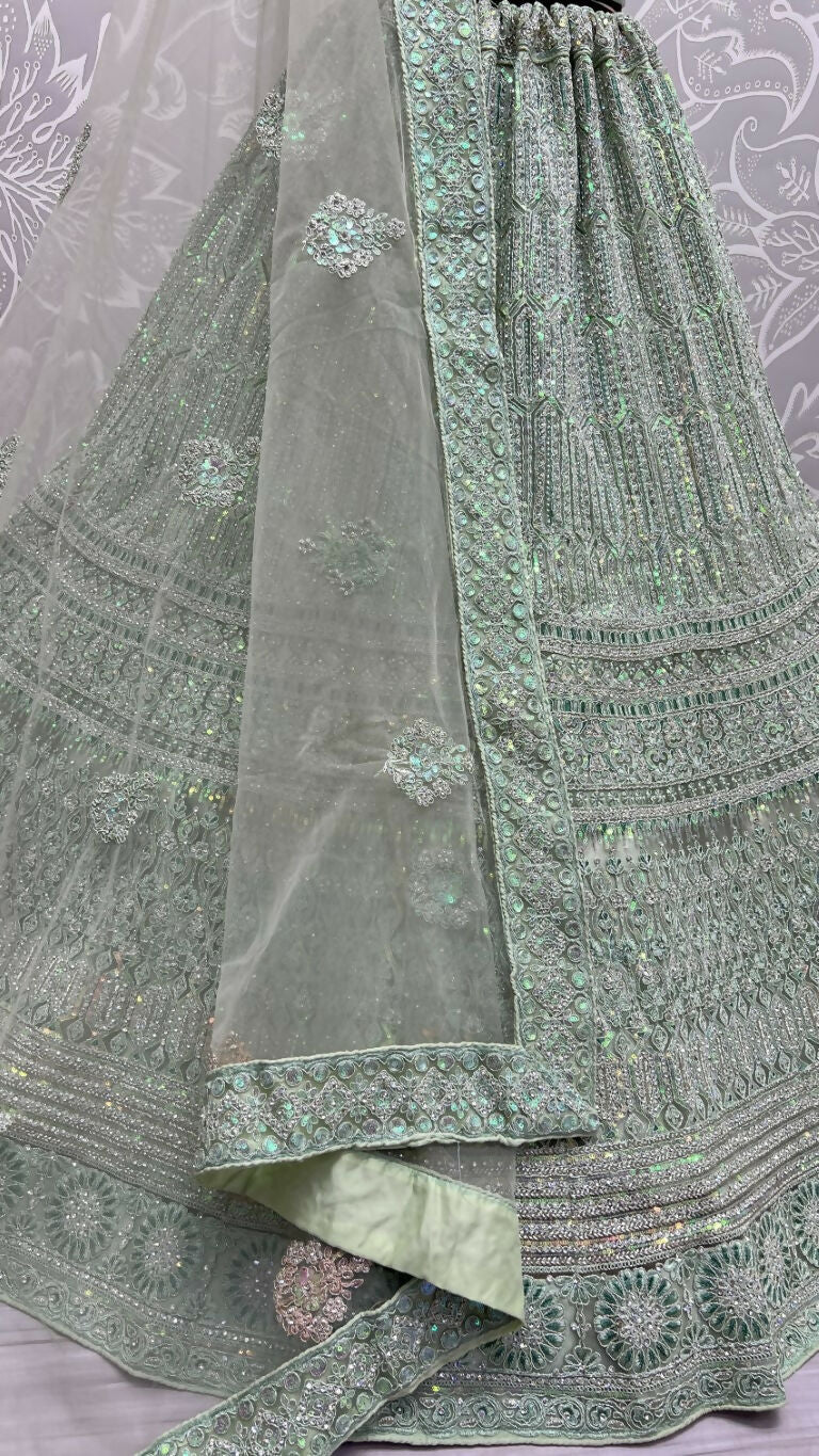 Jyoti Fashion Women's Pista Green Heavy Net Fancy Dori, Multi Thread, Rainbow Sequins and Diamond Work Wedding Lehenga Choli