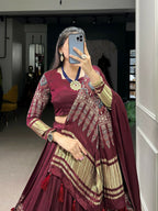 Vastranavya Traditional Every Occasion Gaji Silk Digital Print With Lagadi Patta Lehenga with Unstitched Blouse - Maroon
