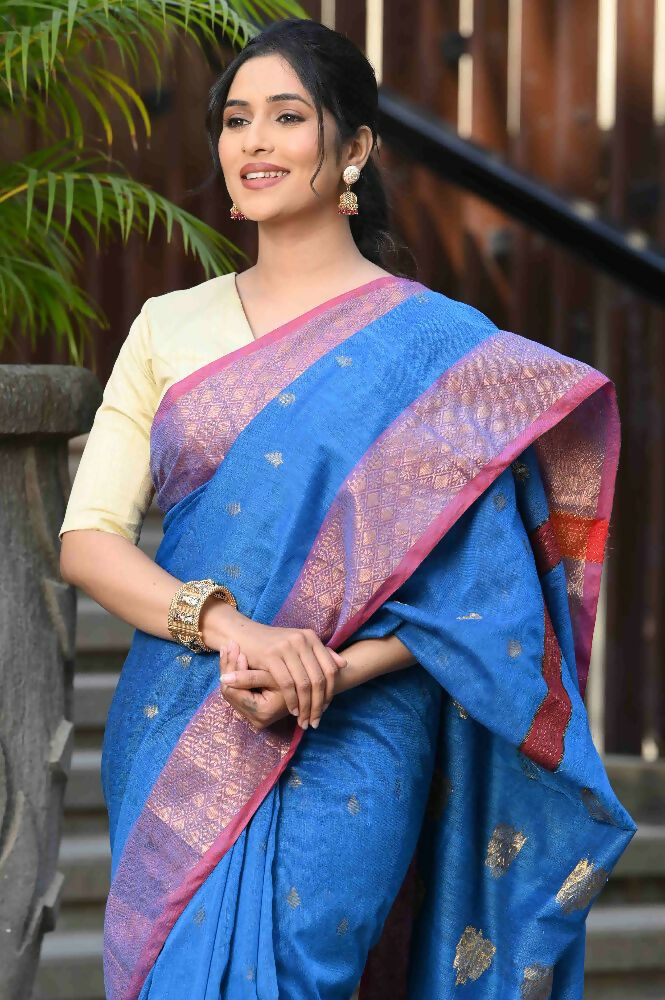 Beatitude Blue Cotton Banarasi Saree