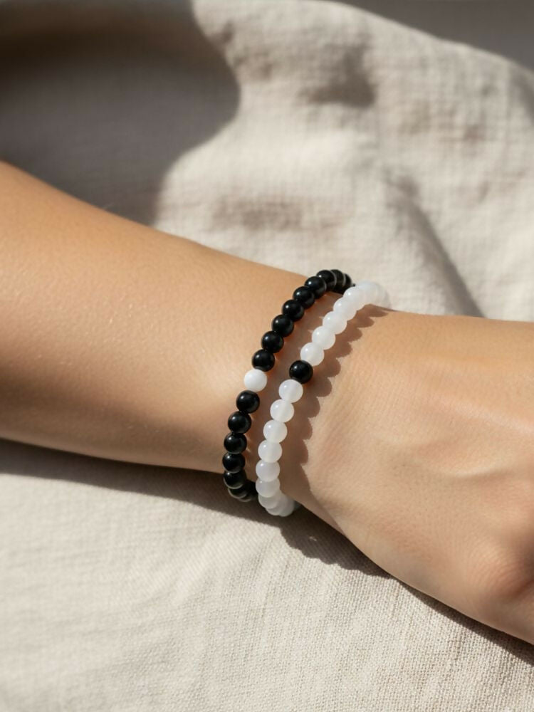 NVR Unisex Set of 2 Black & White crystal beaded Bracelet - Distacart
