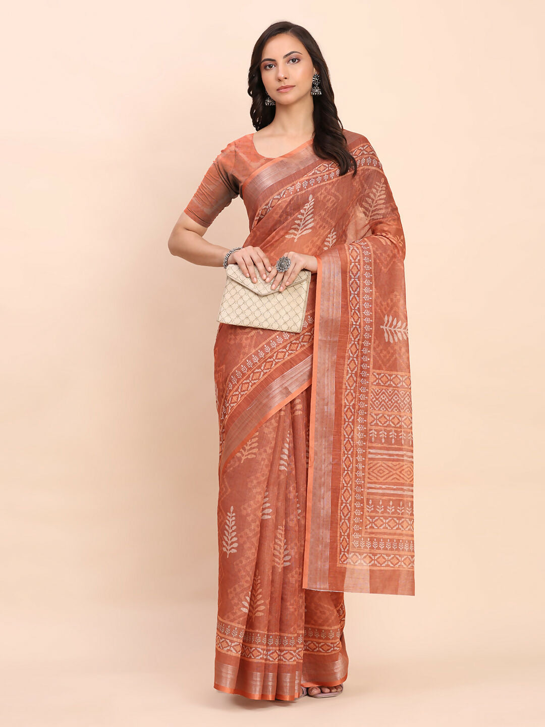 Shree Shyam Fashion Linen Cotton Rust Saree - Distacart