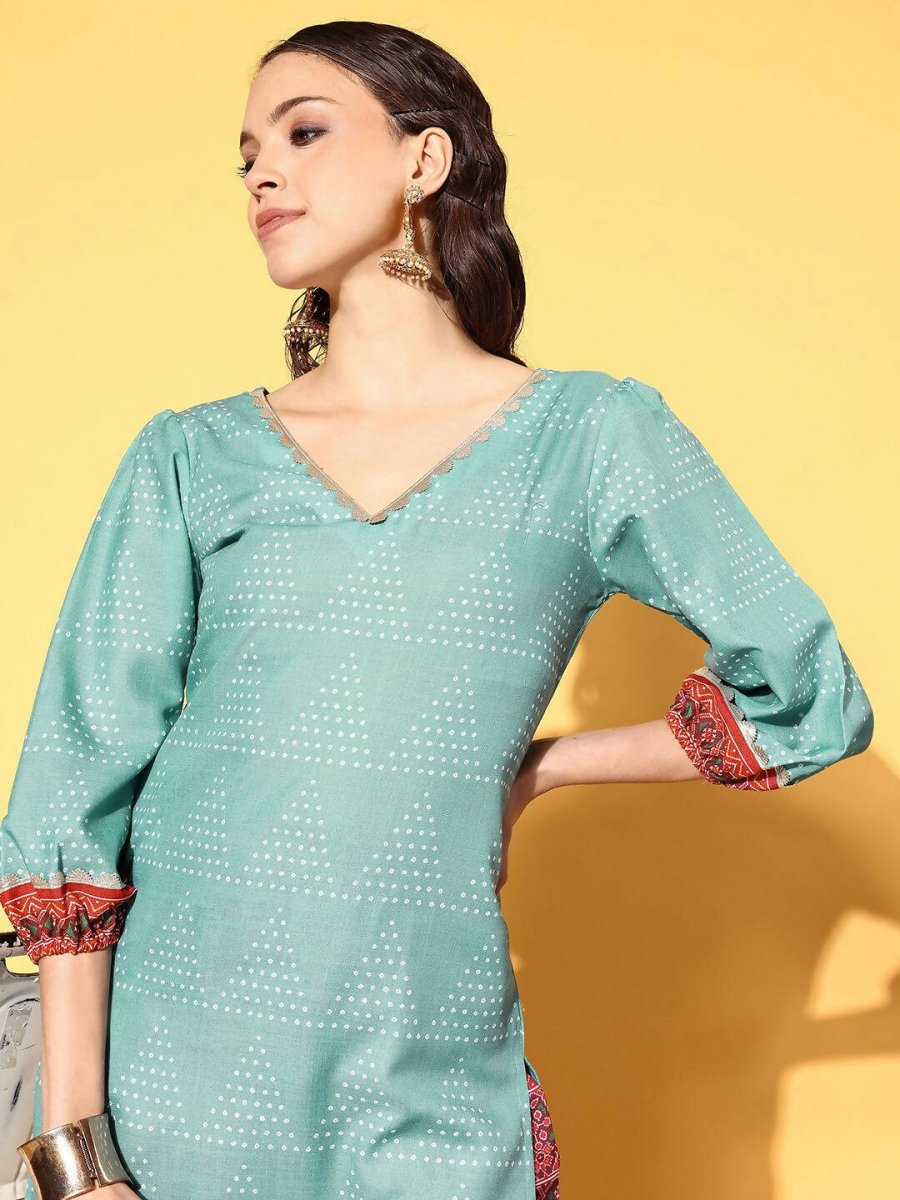 Ahalyaa Women's Teal Cotton Blend Digital Printed Kurta Pant Set - Distacart