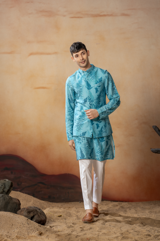 Breezy Leaves Print Cotton Nehru Jacket Set by Hilo Design