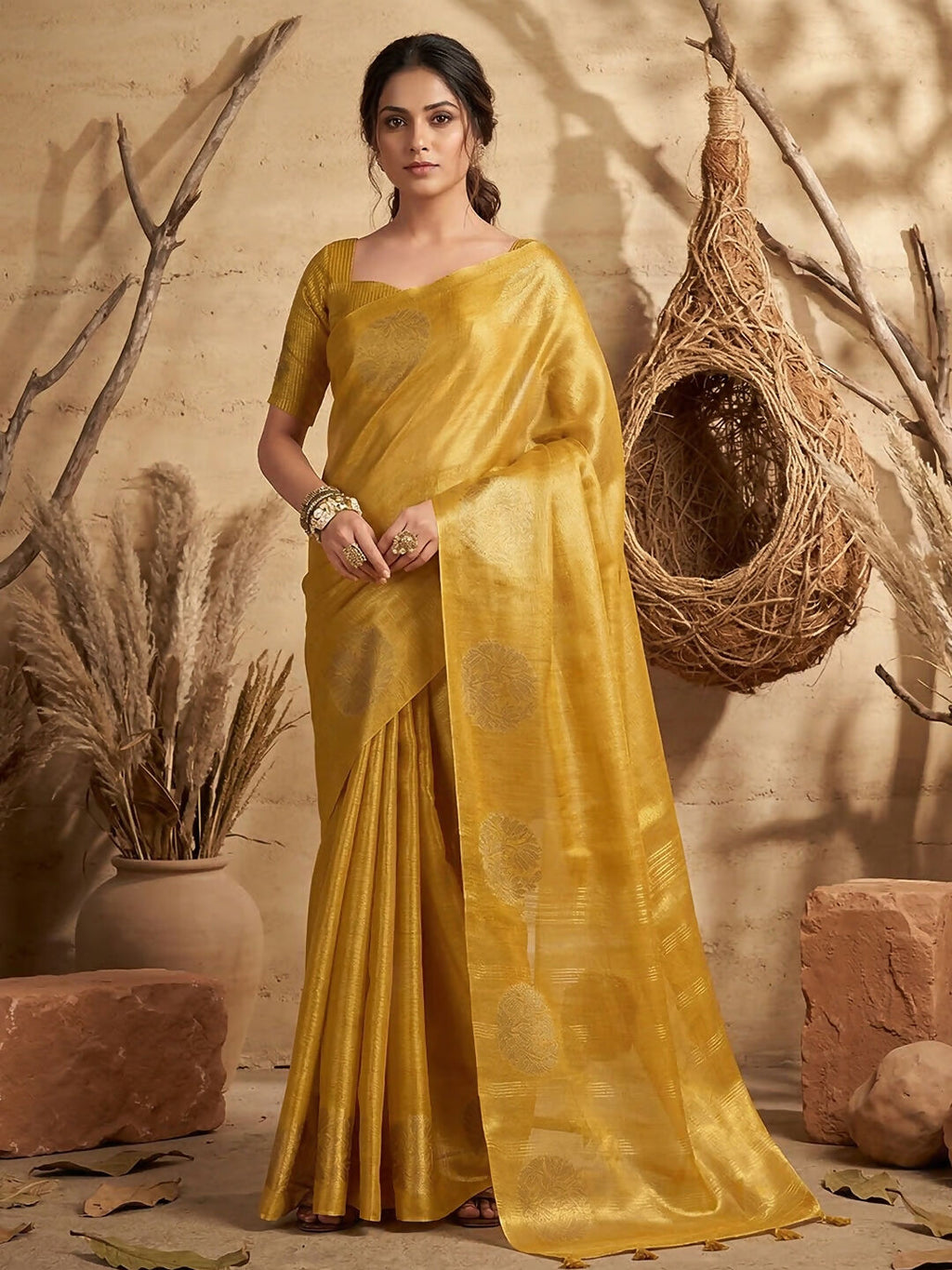 Shree Shyam Fashion Yellow Tissue Silk Saree - Distacart