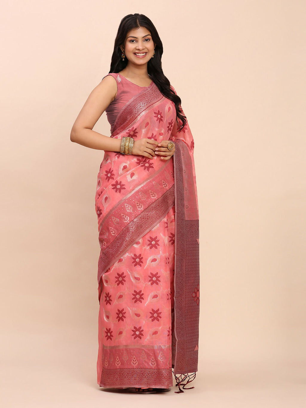 Shree Shyam Fashion Linen Cotton Peach Saree - Distacart