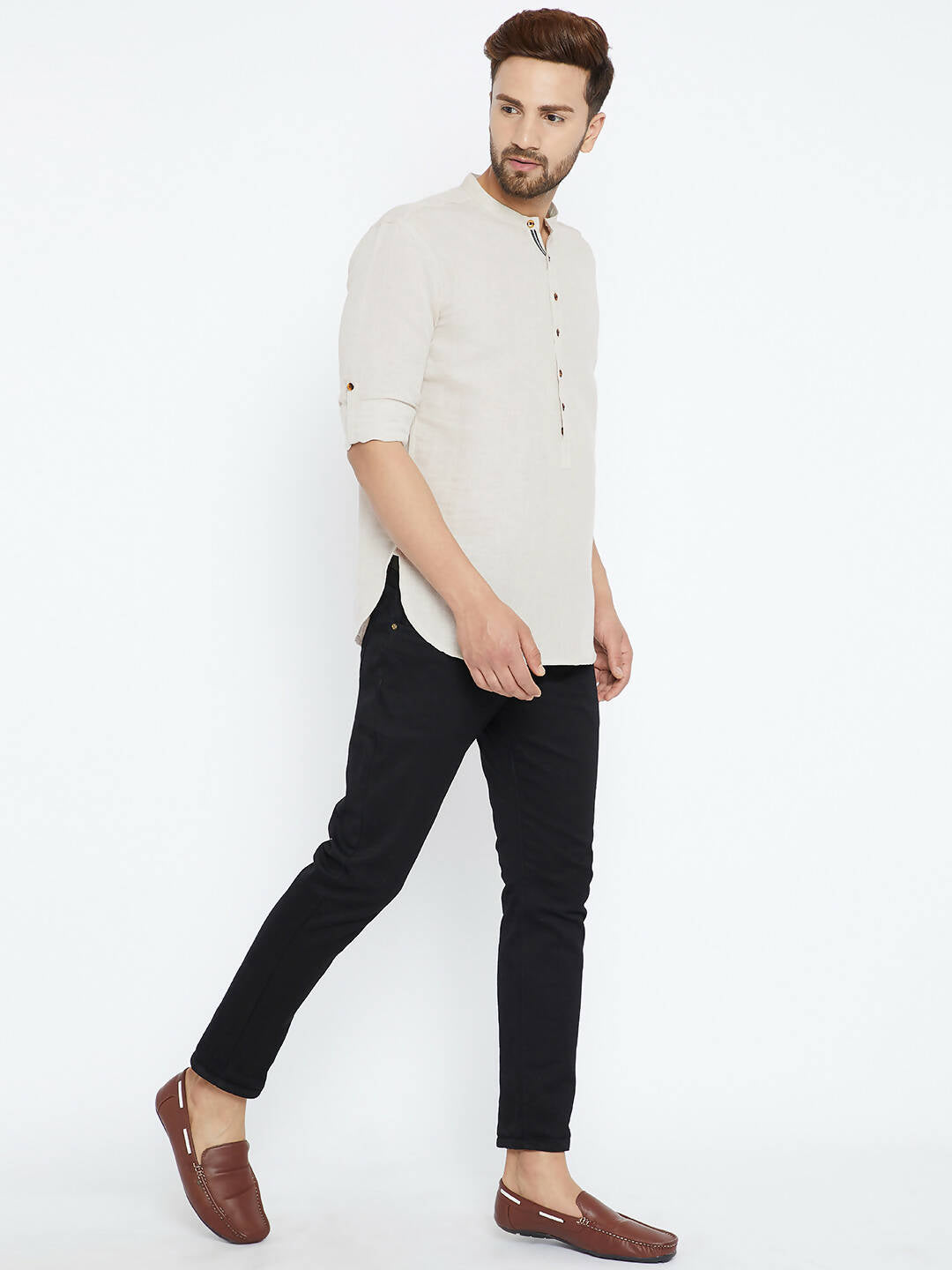 Even Apparels Beige Linen Linen Men's Kurta With Band Collar - Distacart