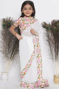 Little Bansi Floral Print Ready To Wear Saree And Floral Blouse - White