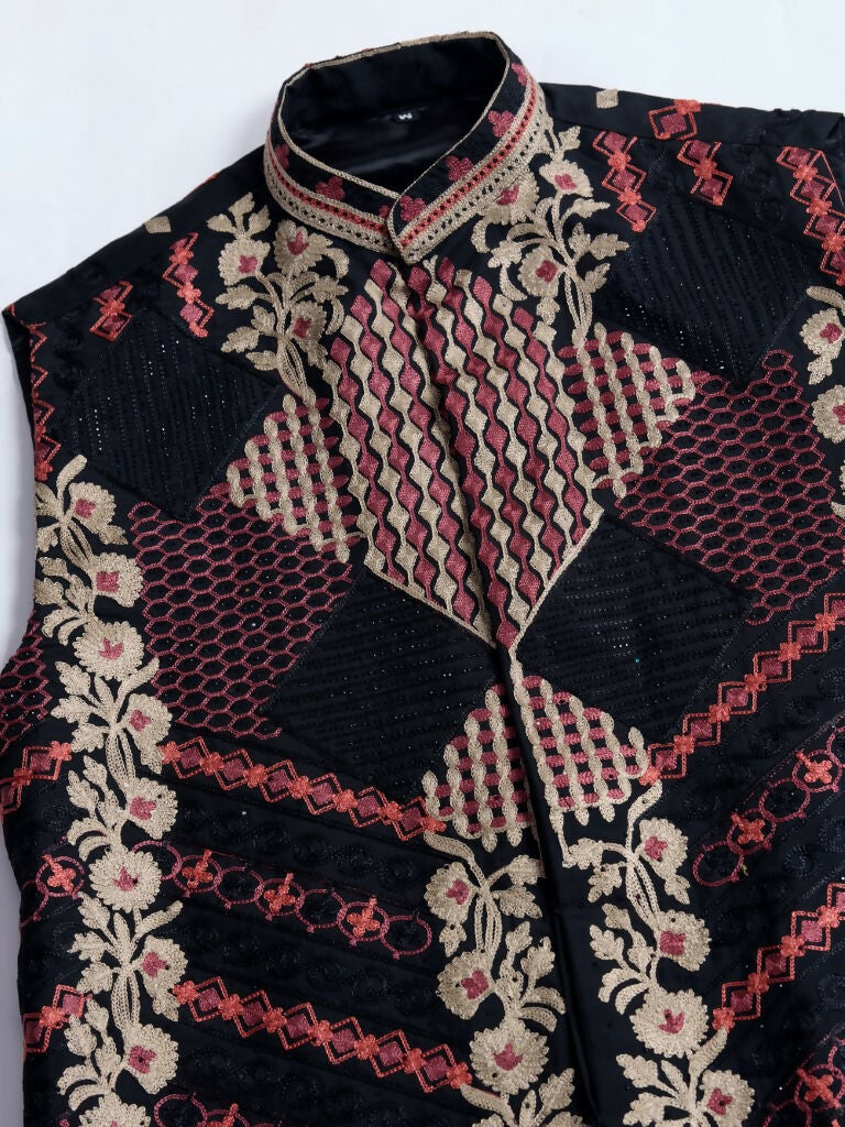 Vastranavya Black Exclusive Festival Viscose Silk Thread & Swarovski Embroidered Work Mens Wear Kurta & Koti