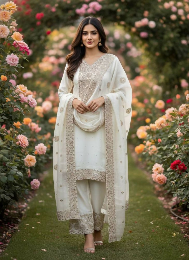 Teeya Creation White Color Fendy Silk Embroidery Work Wedding Wear Salwar Suit - Distacart