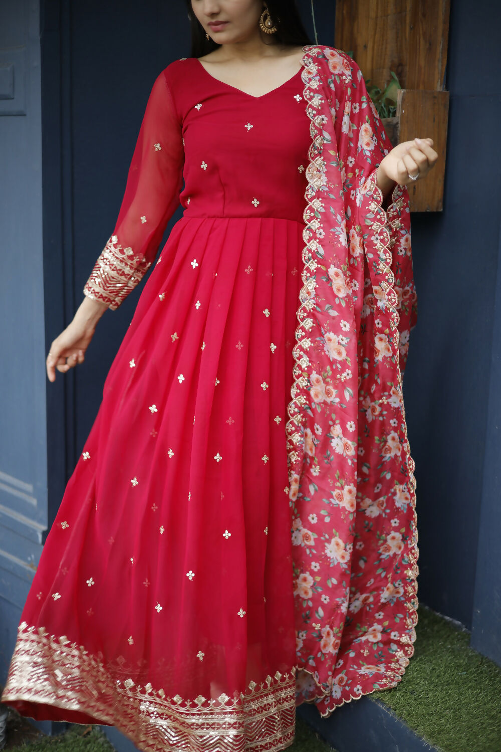 Aayaa Designer Embroidery Zari Sequins-Work Faux Blooming Georgette Suit - Red - Distacart
