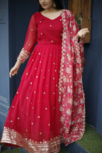 Aayaa Designer Embroidery Zari Sequins-Work Faux Blooming Georgette Suit - Red - Distacart