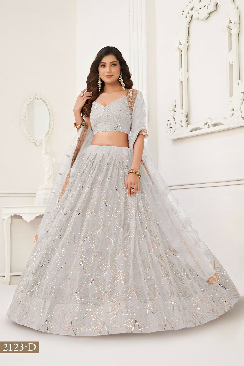Eilara Glamorous Off White Net With Sequins And Thread Embroidery Real Mirror Work Lehenga Choli For Wedding