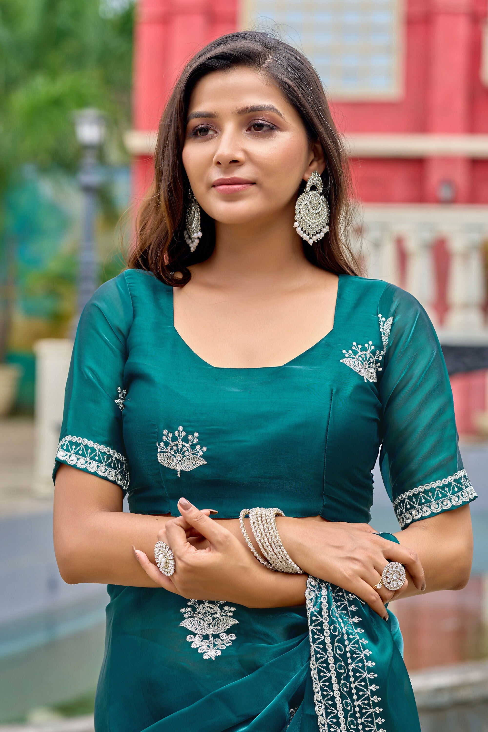 Vastranavya Rama Embroidery Work Shimmer Chiffon Saree with Unstitched Blouse - Distacart