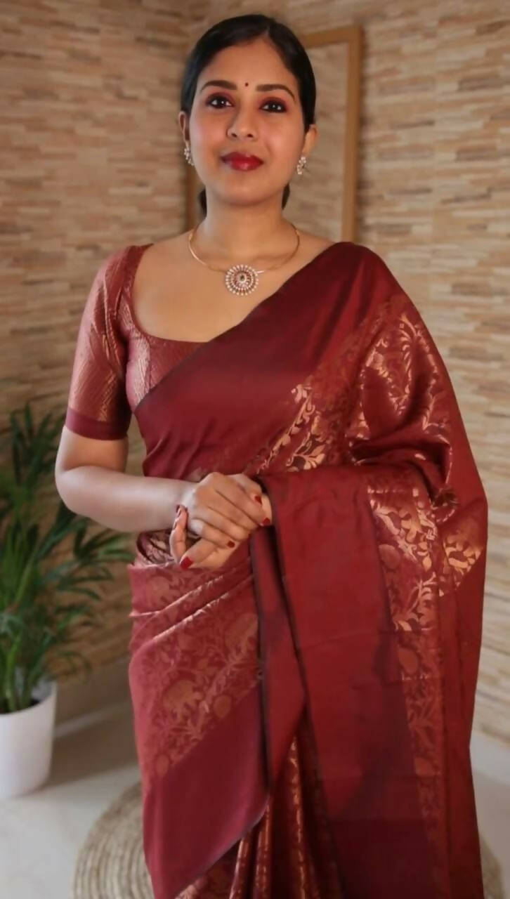 DEIANA'S Beautiful Designer Golden zari Soft Lichi Silk Saree - Brown