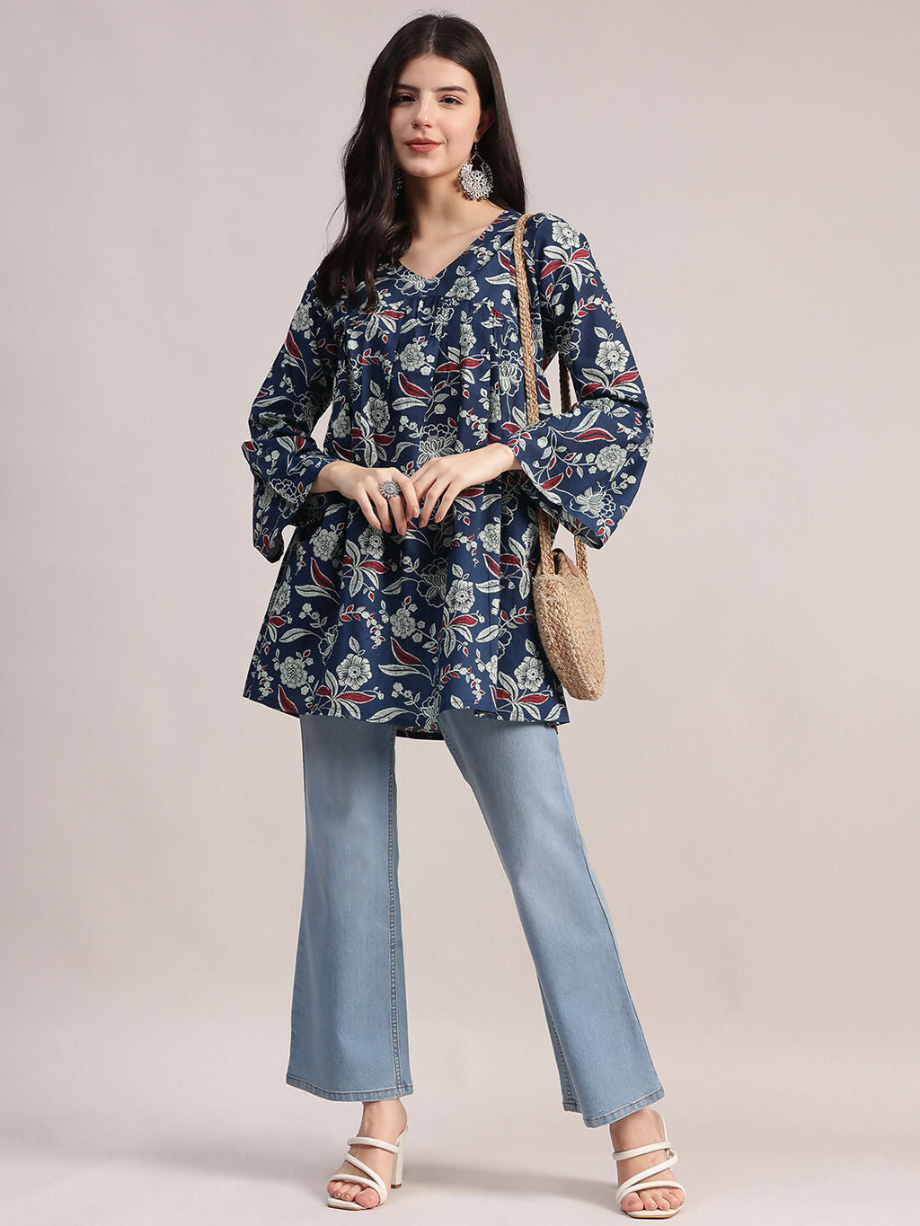 Aavyora Women's Navy Blue Cotton Tunic with Red and White Floral Print, Pin-Tuck Detailing, and Flared Sleeves