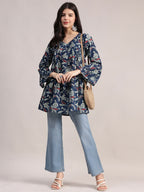 Aavyora Women's Navy Blue Cotton Tunic with Red and White Floral Print, Pin-Tuck Detailing, and Flared Sleeves