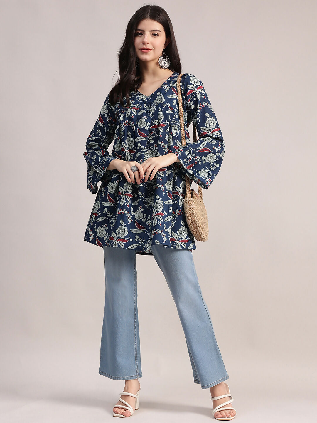 Aavyora Women's Navy Blue Cotton Tunic with Red and White Floral Print, Pin-Tuck Detailing, and Flared Sleeves