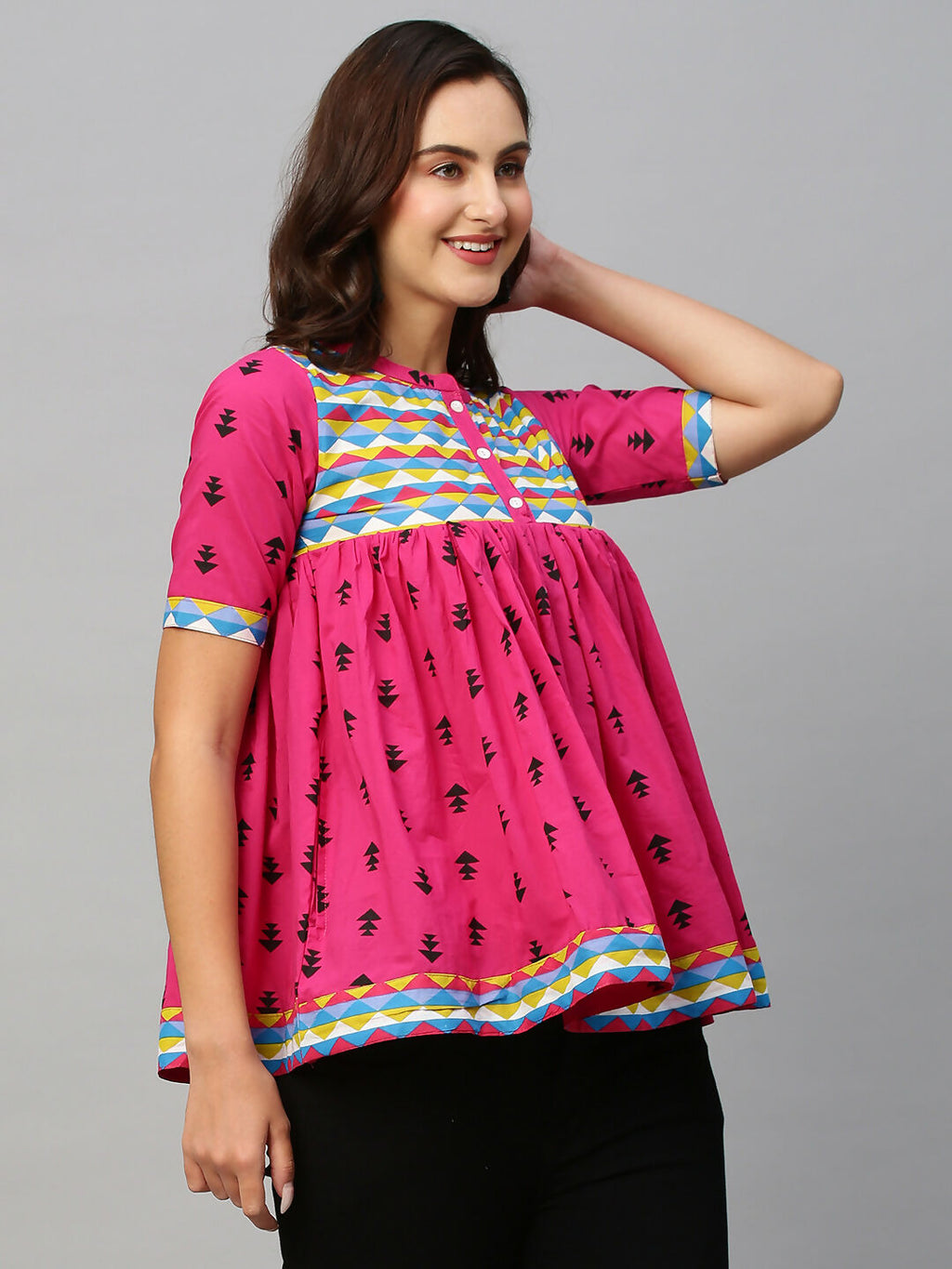 Pink & Black Pure Cotton Printed A-Line Top - Bosky